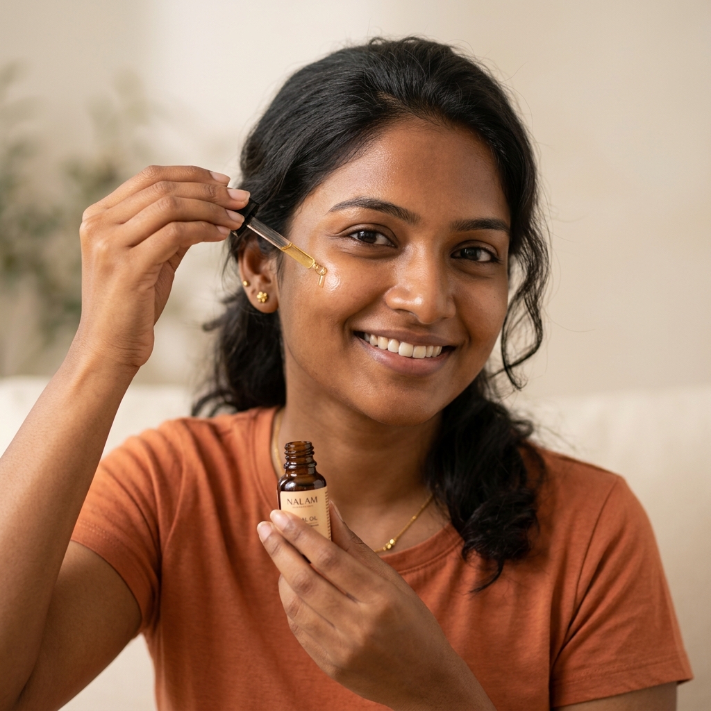 Close-up of young Tamil woman applying organic face oil with a dropper