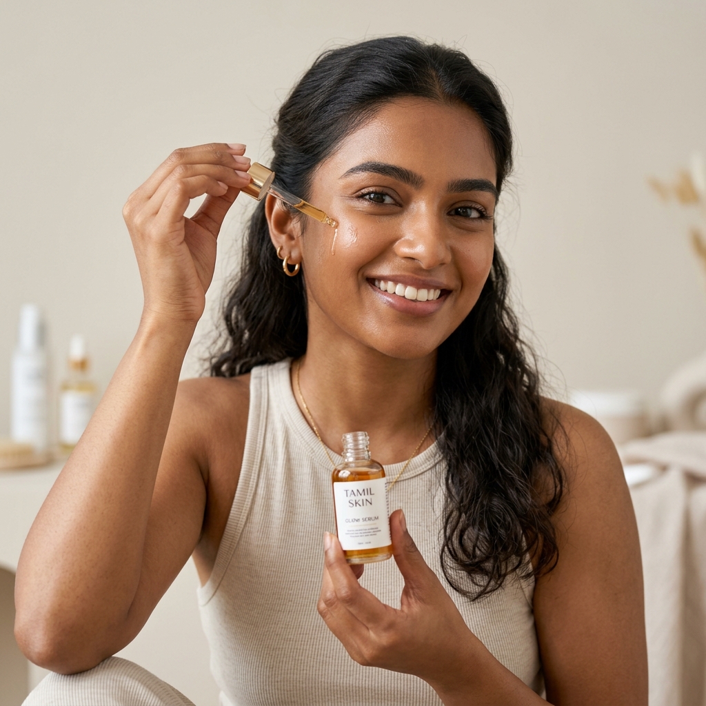 Young Tamil woman applying organic face serum with a dropper