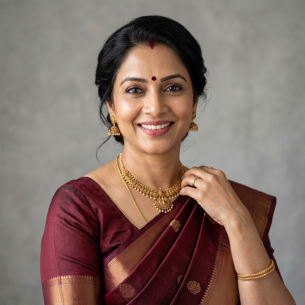 Elegant mature Tamil woman smiling with glowing skin