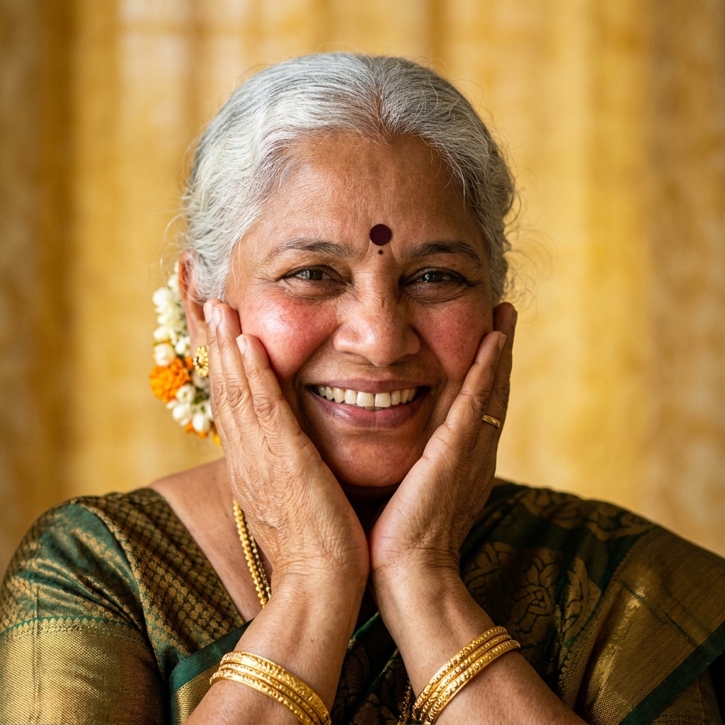 Senior South Indian Tamil grandmother smiling warmly with hands on cheeks